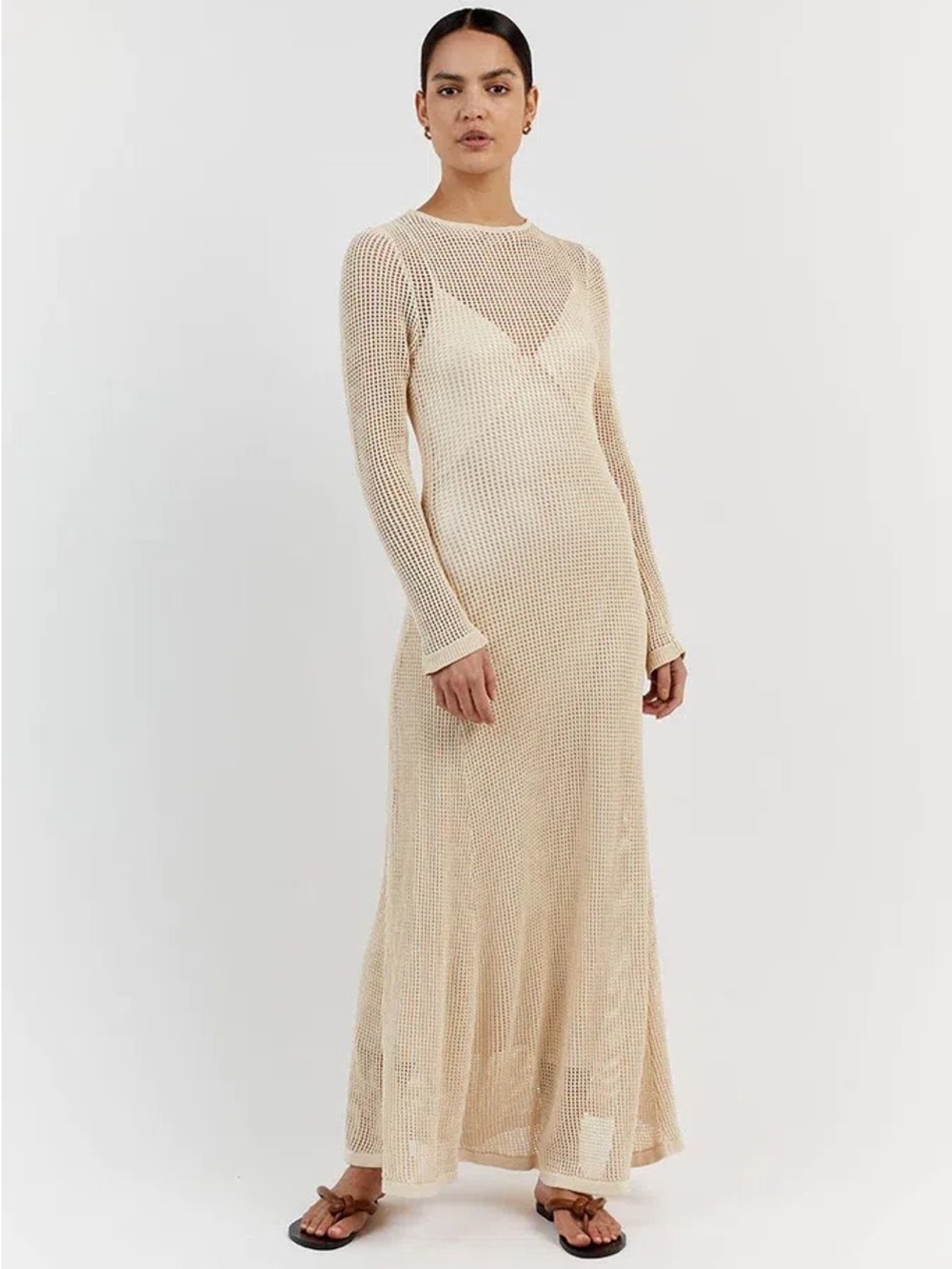 DISSH Beige Open-Knit Long Sleeve Maxi Dress